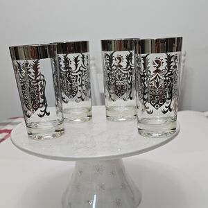 Vintage MCM Set Of 4 Kimiko Silver Knight Shield Highball Glasses  Barware